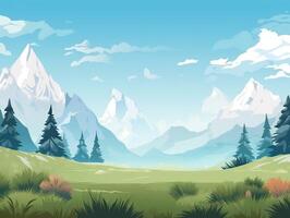illustrazione di piatto estate cartone animato paesaggio. i campi con alberi e montagne nel il sfondo. generativo ai. foto