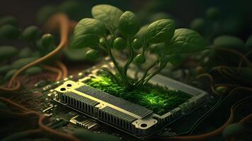 un' carino minuscolo verde germoglio in crescita a partire dal un elettronico circuito tavola. generativo ai. foto