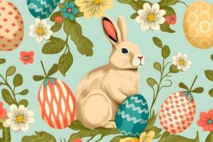 senza soluzione di continuità modello Pasqua sfondo con coniglietto e uova. illustrazione design di generativo ai. foto
