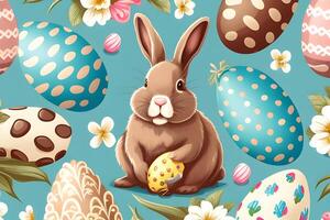 senza soluzione di continuità modello Pasqua sfondo con coniglietto e uova. illustrazione design di generativo ai. foto