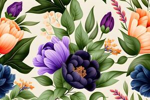 senza soluzione di continuità modello sfondo design con colorato fiori per primavera. illustrazione design di generativo ai foto