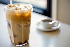 ghiacciato caffè su un' caffetteria con crema. fresco bevanda per prendere lontano. generativo ai. foto