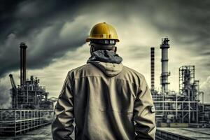 indietro Visualizza di industriale lavoratore indossare protettivo uniforme e sicurezza casco in piedi vicino pesante industria fabbrica. creato con generativo ai foto