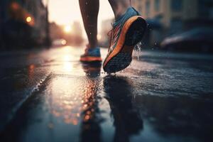 un' ragazza corridore fa un' mattina correre nel un' città strada. sneaker scarpe avvicinamento. jogging, in esecuzione, benessere, fitness, Salute concept.defocussed e sfocato sfondo foto