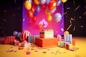 contento compleanno per voi design sfondo con torta e candele decorazione e mongolfiera. ai generato foto