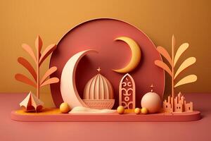 un' 3d arte di un' moschea con un' Luna e stelle su il magenta colore sfondo. ai generato foto