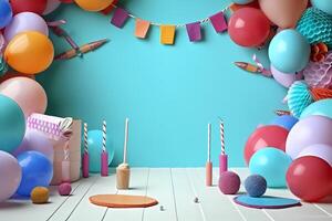 contento compleanno per voi design sfondo con torta e candele decorazione e mongolfiera. ai generato foto