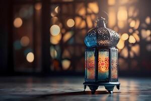 Ramadan kareem islamico saluti design sfondo con bellissimo bokeh effetto. ai generato foto