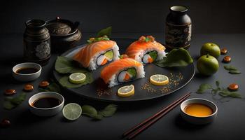 fresco bellissimo Sushi impostare con salmone maki e misterioso ingredienti foto