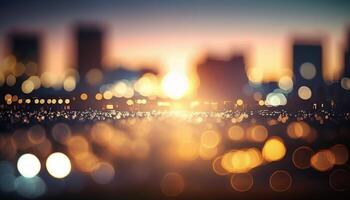 sfocatura sfondo città astratto con tramonto e bellissimo illuminazione bokeh movimento messa a fuoco nel il mattina. generativo ai foto