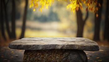 pietra tavola vuoto tavolo nel davanti di sfocato sfondo. prospettiva Marrone pietra al di sopra di sfocatura alberi nel foresta. generativo ai foto