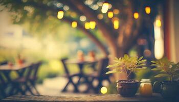 sfocato sfondo - caffè negozio nel giardino sfocatura sfondo con bokeh. generativo ai foto