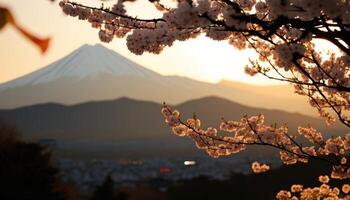 Visualizza di montare fuji con ciliegia fiore, e fiori a il lago nel Giappone. montare fuji con ciliegia fiore, fiori a il lago nel Giappone fuji montagna a punto di vista. generativo ai foto