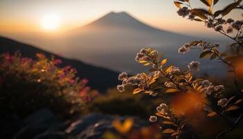 Visualizza di montare fuji con ciliegia fiore, e fiori a il lago nel Giappone. montare fuji con ciliegia fiore, fiori a il lago nel Giappone fuji montagna a punto di vista. generativo ai foto