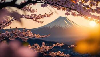 Visualizza di montare fuji con ciliegia fiore, e fiori a il lago nel Giappone. montare fuji con ciliegia fiore, fiori a il lago nel Giappone fuji montagna a punto di vista. generativo ai foto