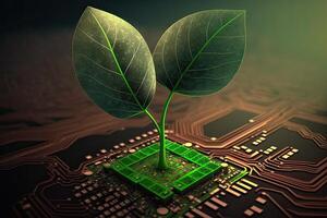 in crescita albero su il convergente punto di un computer circuito tavola. natura con digitale convergenza e tecnologico convergenza. verde informatica, verde tecnologia, verde esso, csr, generativo ai foto