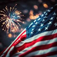 contento 4 ° di luglio con il unito stati bandiera. fuochi d'artificio. avvicinamento tiro di salutò bandiera di il unito stati di America. indipendenza giorno. generativo ai. foto