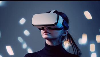 donna indossare virtuale la realtà occhiali in piedi nel virtuale mondo sfondo. concetto di virtuale la realtà tecnologia. inesistente persona. generativo ai foto