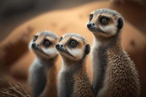 un' famiglia di suricati in piedi in posizione verticale e guardare in giro foto