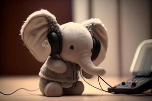 carino elefante Bambola ascoltando per musica fatto di generativo ai tecnologia foto