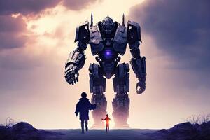 gigante robot e bambino a piedi insieme a tramonto. generativo ai foto