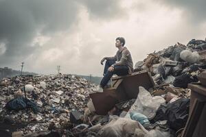 uomo seduta su superiore di enorme cumulo di rifiuti con un' lotto di plastica sciupare. generativo ai foto
