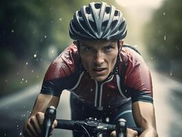 vicino su viso di un' ciclista, equitazione nel un' bagnato maglia nel il piovere, ai generato foto