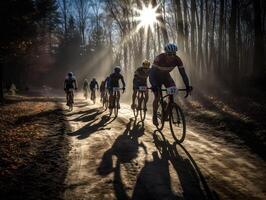 bicicletta atleti nel un' gara, ciclisti su un' bicicletta maratona gara. ai generato foto