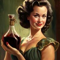 donna Tenere un' bellissimo caraffa di vino gil elvgren generativo ai foto