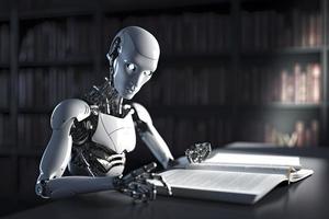 robot esplorando nuovo po di informazione e lettura libro. concetto di macchina apprendimento foto