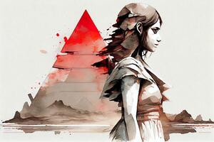 ragazza nel grigio triangolo vestito rosso acqua colore pittura a deserto generativo ai foto