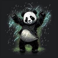 carino panda personaggio con tuono luci su nero sfondo generativo ai foto