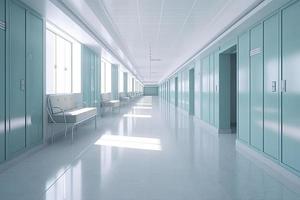 lungo ospedale luminosa corridoio con camere e blu posti a sedere 3d interpretazione foto