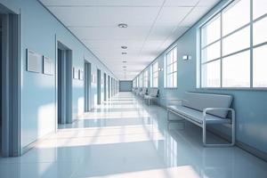 lungo ospedale luminosa corridoio con camere e blu posti a sedere 3d interpretazione foto