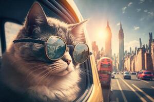carino gatto nel in viaggio nel il strada di nuovo York con fantasia sole bicchieri generativo ai foto