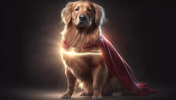 carino d'oro cane da riporto cane nel un' super eroe costume generativo ai foto
