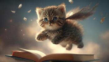 carino gattino volante con libri illustrazione Immagine generativo ai foto