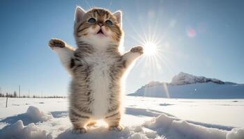 un' carino poco paffuto gatto in piedi su neve montagna Immagine generativo ai foto