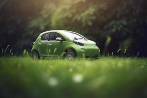 elettrico auto con verde foglia icona su sfocatura erba sfondo, ecologia e ambiente concetto foto