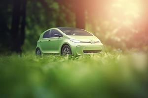 elettrico auto con verde foglia icona su sfocatura erba sfondo, ecologia e ambiente concetto foto