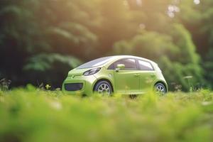 elettrico auto con verde foglia icona su sfocatura erba sfondo, ecologia e ambiente concetto foto