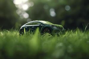 elettrico auto con verde foglia icona su sfocatura erba sfondo, ecologia e ambiente concetto foto