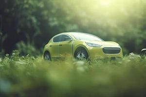 elettrico auto con verde foglia icona su sfocatura erba sfondo, ecologia e ambiente concetto foto