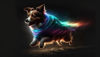 un' poco cane è in esecuzione nel il buio notte indossare neon Immagine generativo ai foto
