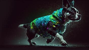 poco cane nel un' colorato leggero stoffa Immagine scintille colori con neon leggero generativo ai foto