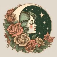 grafica di Rose inizia trimestre Luna con ragazze viso su bianca sfondo generativo ai foto