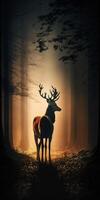 un' Marrone cervo nel il buio foresta nebbioso Immagine generativo ai foto