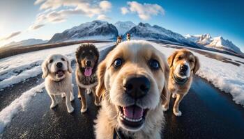 un' gruppo di carino cani assunzione un' autoscatto su strada Immagine generativo ai foto