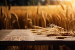 vuoto di legno tavolo nel davanti di d'oro orecchie di Grano sfondo. generativo ai foto