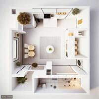 vivente camera interno superiore Visualizza con divano, tv, poltrona e caffè tavolo. casa rendere con televisione su parete, vuoto Casa appartamento con arredamento. appartamento disegno, realistico 3d visualizzazione ai foto